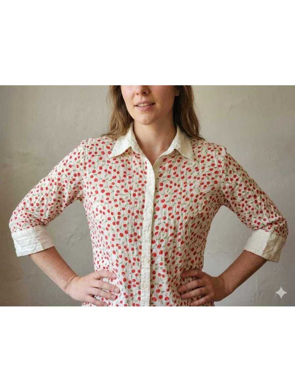 Vintage Style Cherry Print Long Sleeve Button Down Blouse Shirt, SZ 2X